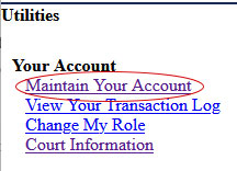 CM/ECF Uitlities Menu Options with Maintain Your Account Highlighted