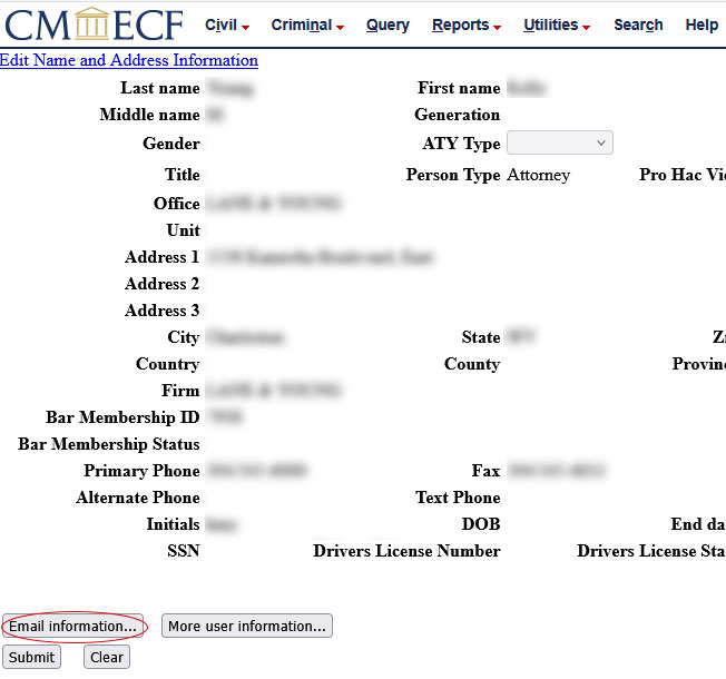 Maintain Your Account page with the Email Information button highlighted